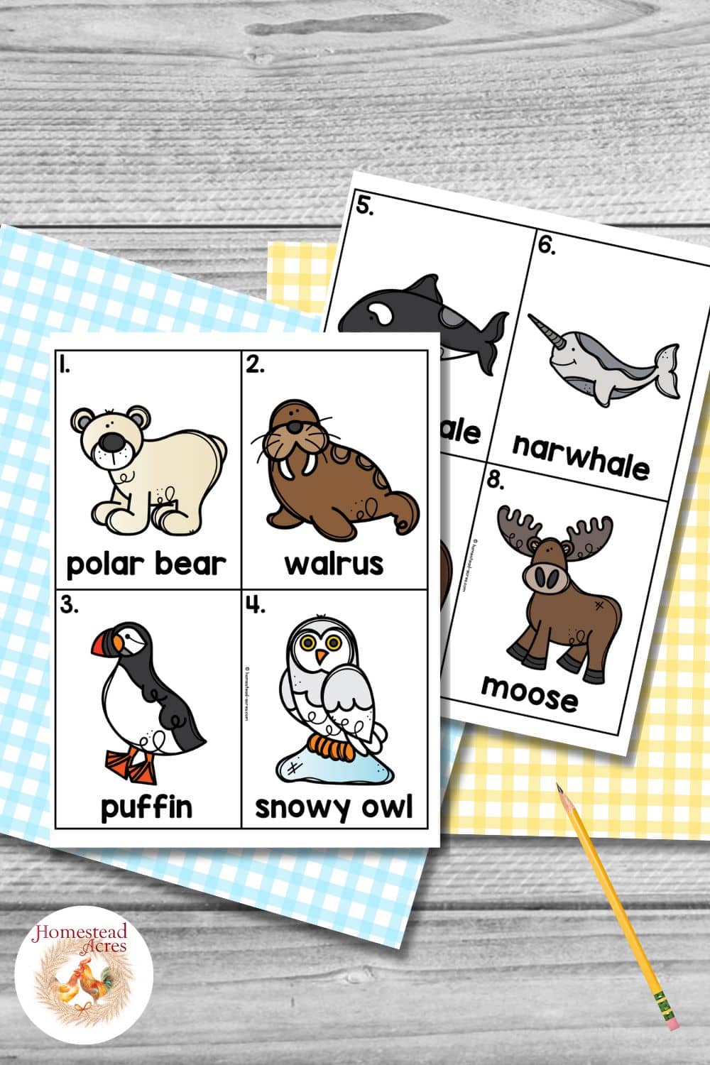 Colorful Arctic animal cards are displayed on blue and yellow gingham paper over a gray wood background with a pencil beside them. The printable set features cartoon Arctic wildlife for a classroom matching or write the room activity.