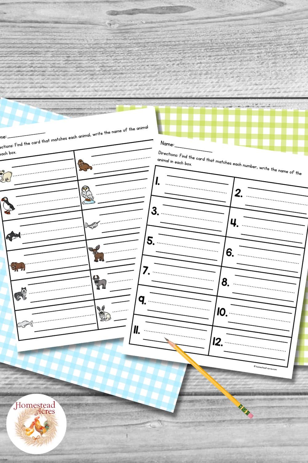 Two Arctic animals write the room recording worksheets are displayed on blue and green gingham paper over a gray wood background with a yellow pencil nearby. One page includes small Arctic animal illustrations while the other has numbered writing spaces.
