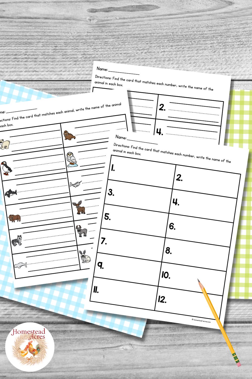 Three Arctic animals write the room recording worksheets are arranged on blue and green gingham paper over a gray wood background with a yellow pencil beside them. The pages include numbered writing spaces and small Arctic animal illustrations.