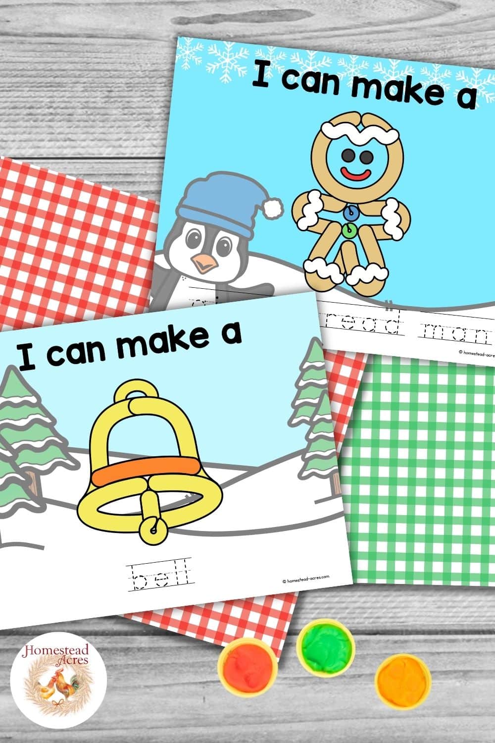 Christmas play dough mats showing a gingerbread man and bell arranged with red and green gingham paper and containers of colorful play dough. Text reads "I can make a gingerbread man" and "bell".