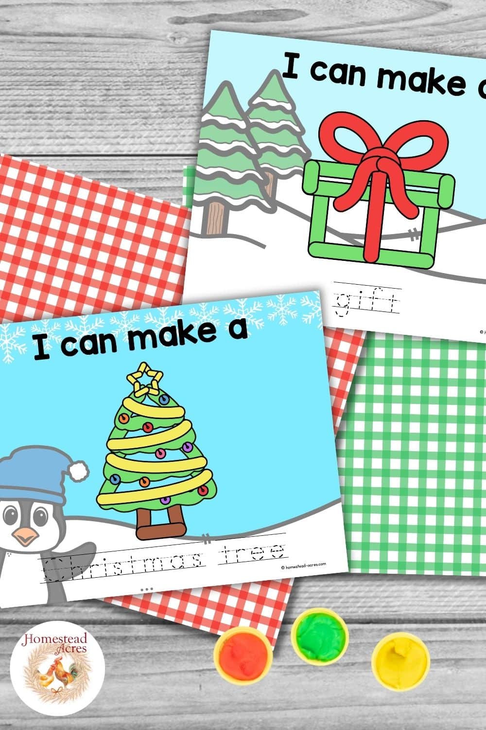 Christmas play dough mats showing a wrapped gift and decorated Christmas tree arranged with red and green gingham paper and containers of colorful play dough. Text reads "I can make a" "gift" "Christmas tree".