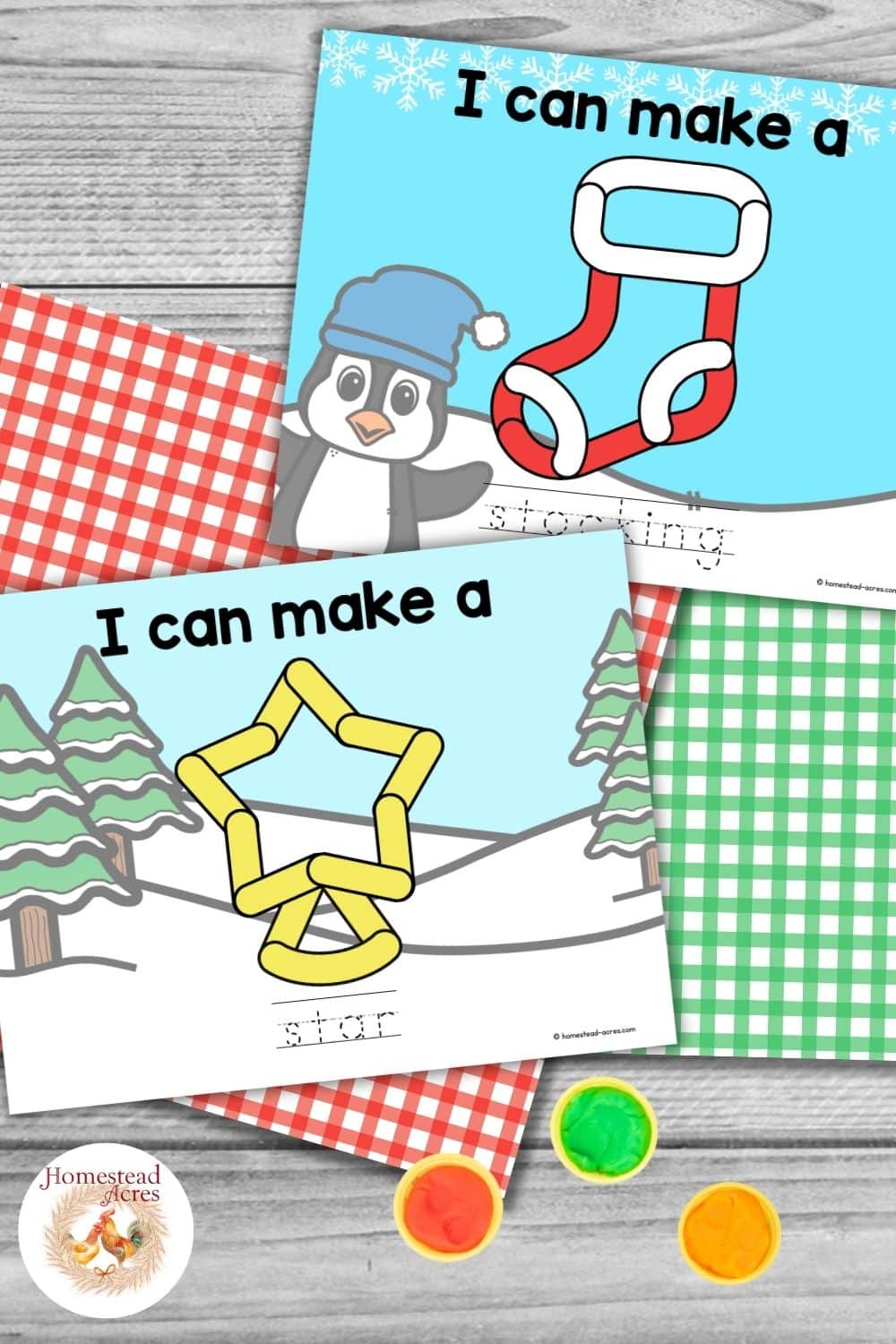 Christmas play dough mats showing a stocking and star for children to build with play dough. Text reads "I can make a 'stocking' and a ' star '. "