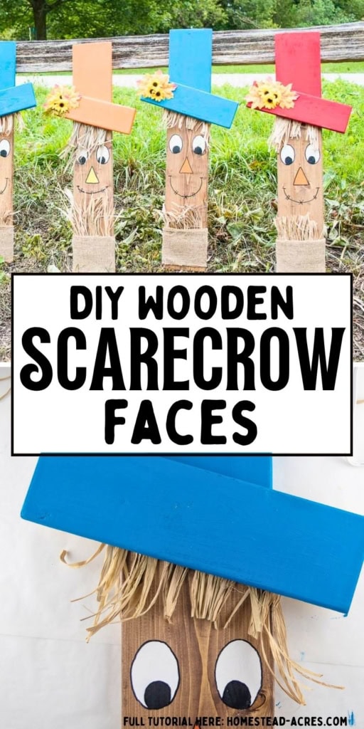 Four rustic wooden scarecrow faces with colorful painted hats and raffia hair stand outdoors above a close up of a blue hat and painted face detail. Title text reads "DIY WOODEN SCARECROW FACES".