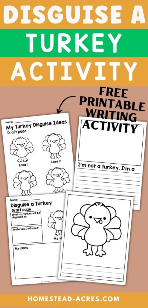 Orange green and tan graphic showing printable Disguise a Turkey worksheets with turkey drawing pages, planning sheets, and a writing activity. Text reads "DISGUISE A TURKEY ACTIVITY". "FREE PRINTABLE WRITING ACTIVITY". "My Turkey Disguise Ideas Draft page". "Idea 1". "Idea 2". "Disguise a Turkey Draft page". "What my turkey will be disguised as". "Materials I will need". "My plans". "My vision". "I'm not a turkey. I'm a".
