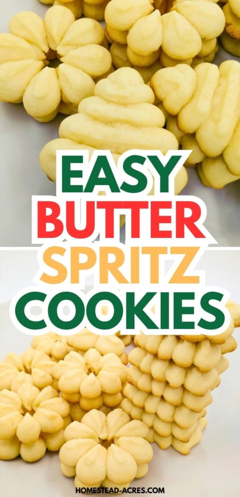 Stacks and clusters of golden Dutch butter cookies in flower and ridged spritz shapes fill the frame. Title text reads "EASY BUTTER SPRITZ COOKIES".