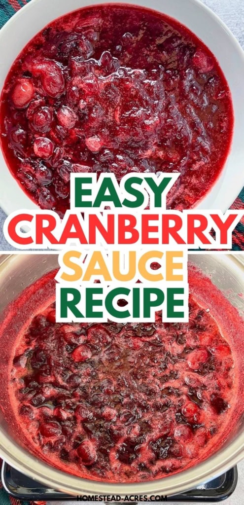 Homemade cranberry sauce with whole berries is shown finished in a white bowl above cranberry sauce bubbling in a saucepan. Title text reads "EASY CRANBERRY SAUCE RECIPE".