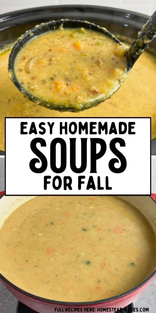 Creamy fall soups are shown in a slow cooker and Dutch oven with a ladle lifting a thick vegetable filled serving. Title text reads "EASY HOMEMADE SOUPS FOR FALL".