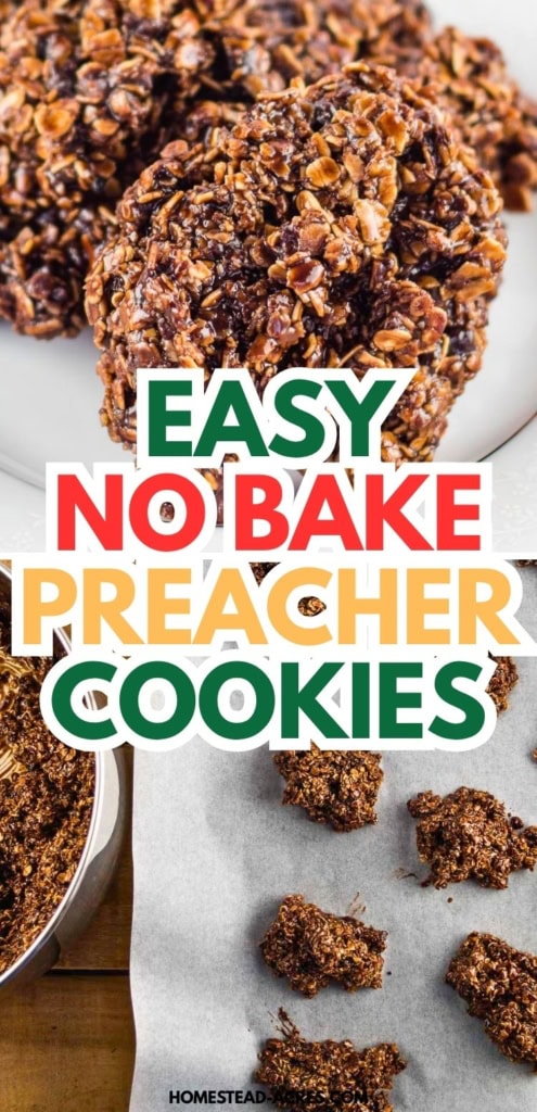 Chocolate oat preacher cookies are shown close up above spoonfuls of the no bake cookie mixture cooling on parchment paper. Title text reads "EASY NO BAKE PREACHER COOKIES".