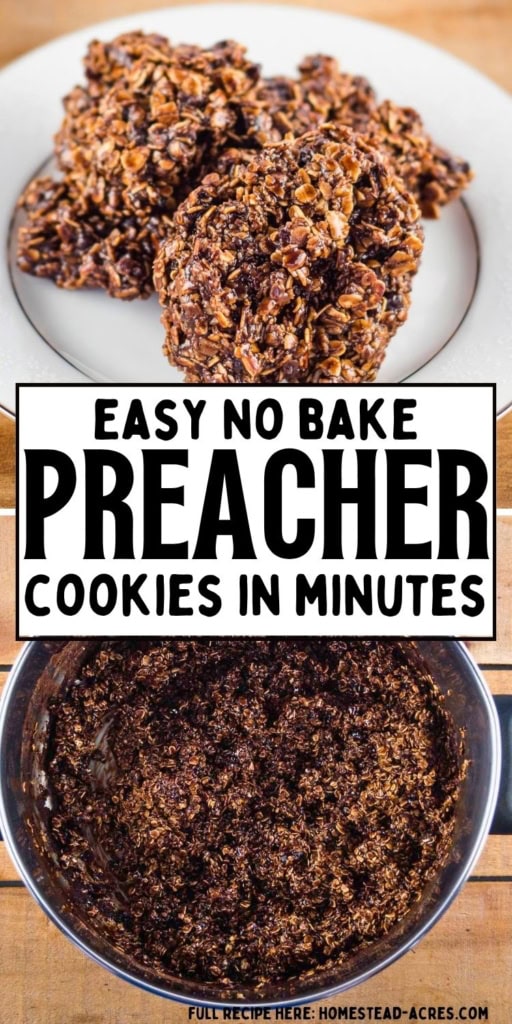 Chocolate oat preacher cookies are piled on a white plate above a saucepan filled with the glossy no bake cookie mixture. Title text reads "EASY NO BAKE PREACHER COOKIES IN MINUTES".