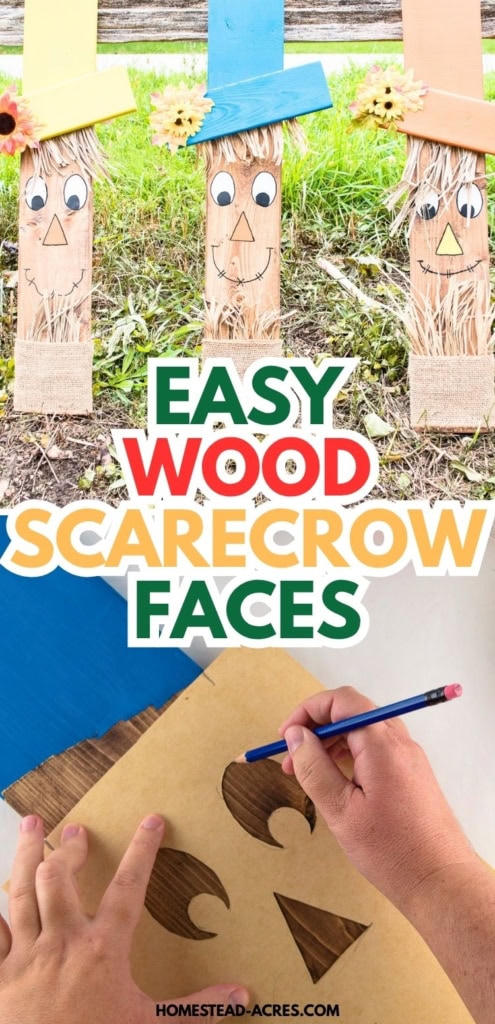 Three rustic wooden scarecrow faces with painted hats and raffia hair stand outdoors above a close up of hands tracing facial features onto wood with a pencil. Title text reads "EASY WOOD SCARECROW FACES".