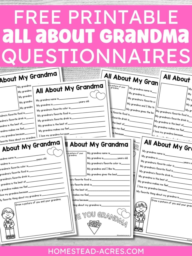 Collage of several black and white All About My Grandma questionnaire printables arranged beneath a bright pink header on a gray wood background. Title text reads "FREE PRINTABLE ALL ABOUT GRANDMA QUESTIONNAIRES".