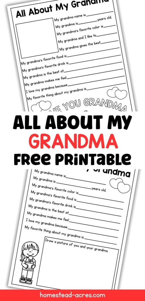Two black and white grandmother questionnaire printables with fill in prompts and spaces for children to draw and personalize their answers. Title text reads "ALL ABOUT MY GRANDMA FREE PRINTABLE".