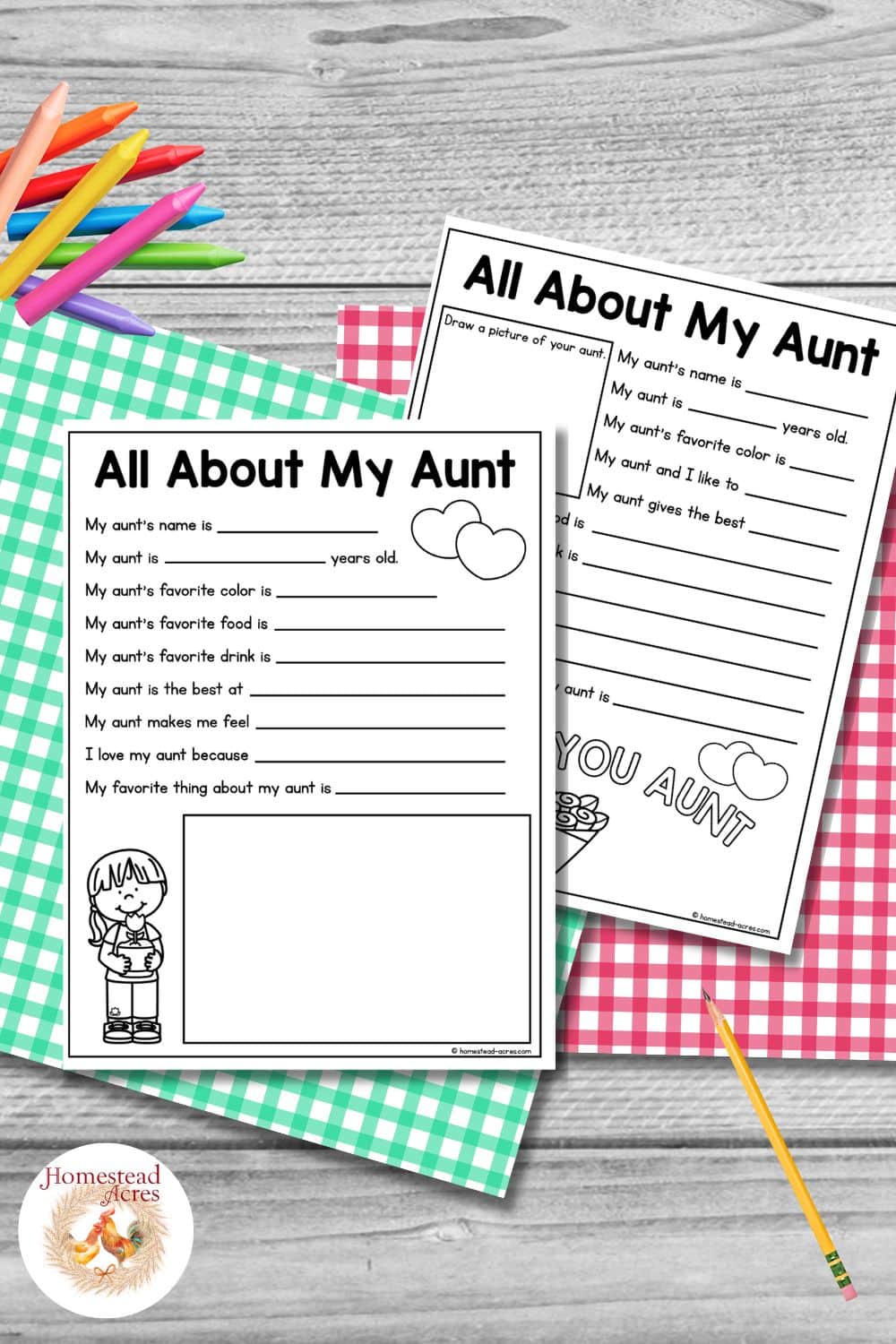 Two black and white All About My Aunt questionnaire worksheets displayed on colorful gingham paper with crayons and a pencil on a gray wood background. Title text reads "All About My Aunt".