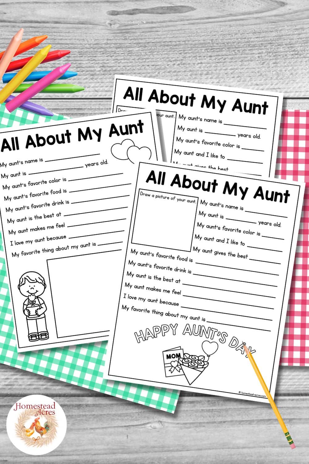 Three black and white All About My Aunt questionnaire worksheets arranged on colorful gingham paper with crayons and a pencil on a gray wood background. Title text reads "All About My Aunt".