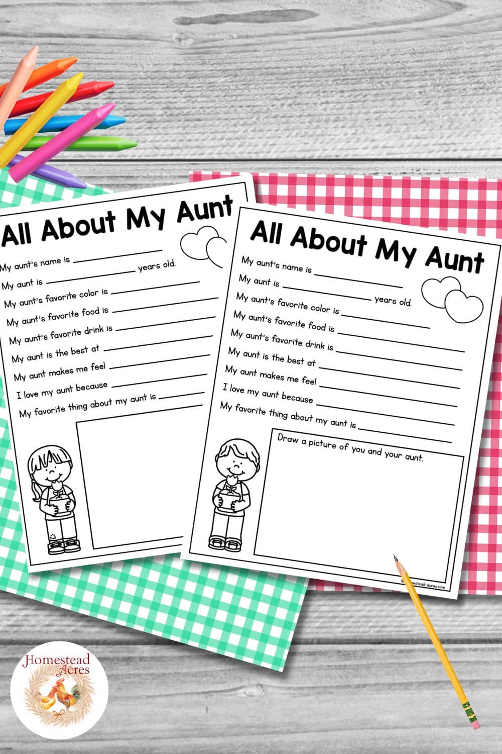Two black and white All About My Aunt questionnaire worksheets displayed on colorful gingham paper with crayons and a pencil on a gray wood background. Title text reads "All About My Aunt".