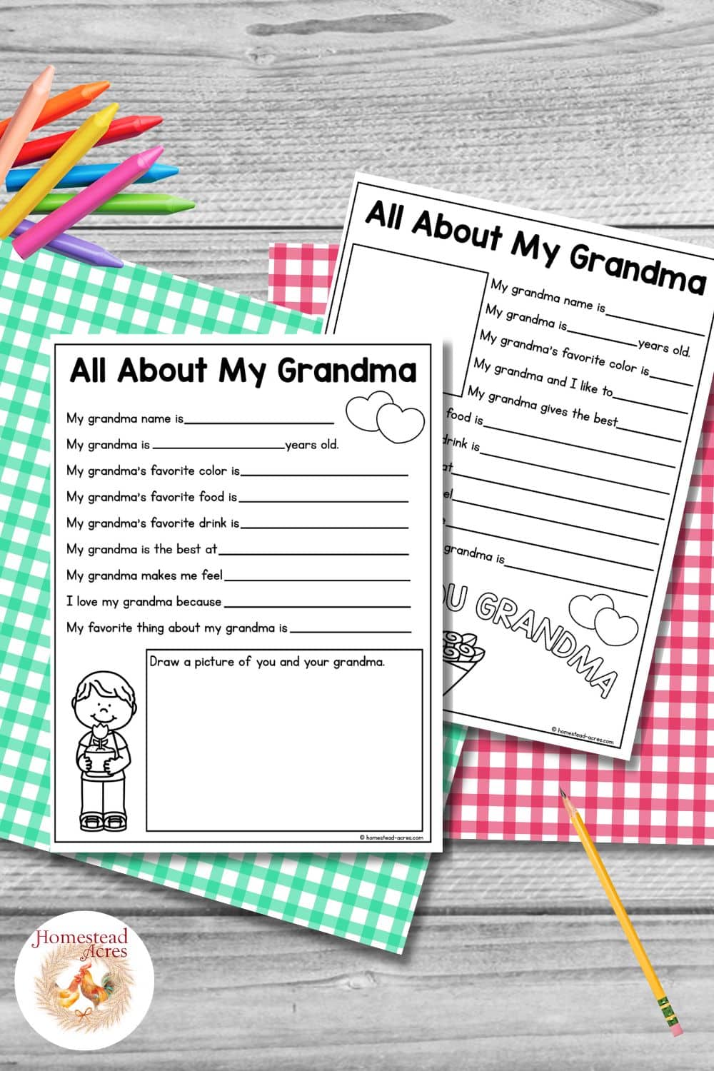 Two black and white All About My Grandma questionnaire worksheets displayed on green and pink gingham paper with colorful crayons and a pencil on a gray wood background. Title text reads "All About My Grandma".