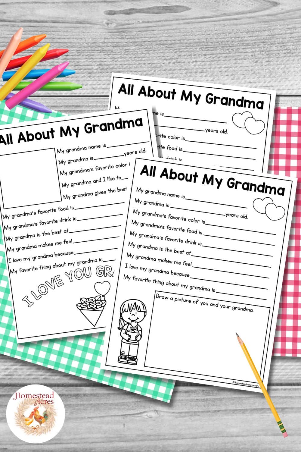 Three black and white All About My Grandma questionnaire worksheets layered on green and pink gingham paper with colorful crayons and a pencil on a gray wood background. Title text reads "All About My Grandma".