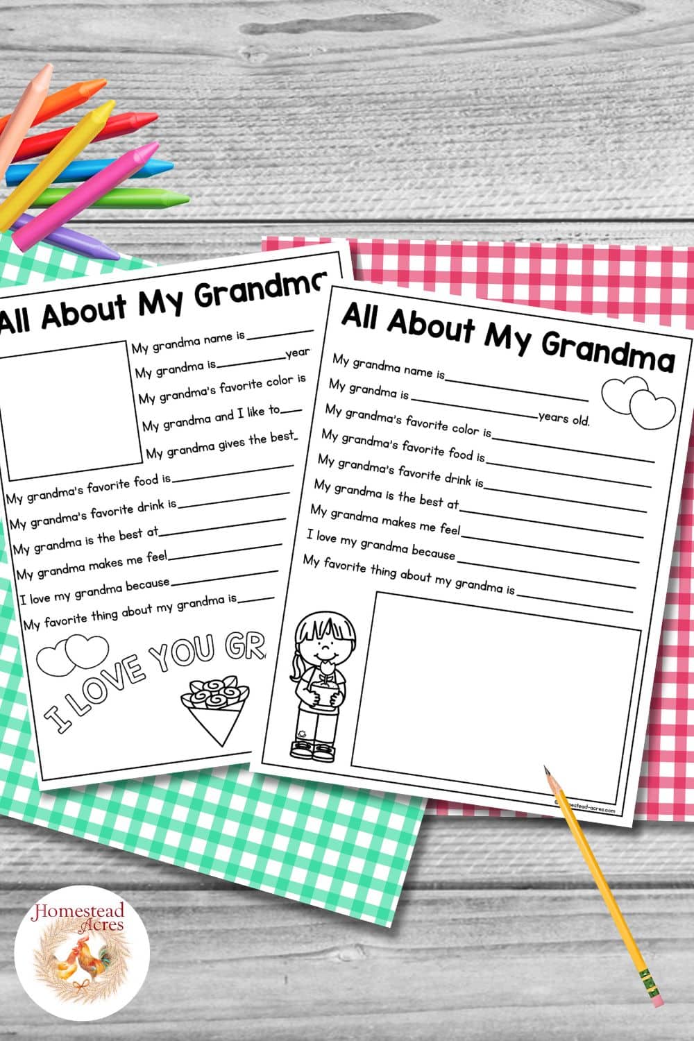 Two black and white All About My Grandma questionnaire worksheets displayed on green and pink gingham paper with colorful crayons and a pencil on a gray wood background. Title text reads "All About My Grandma".