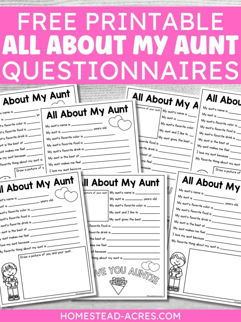 Collection of black and white All About My Aunt questionnaire printables arranged beneath a bright pink title banner on a gray wood background. Title text reads "FREE PRINTABLE ALL ABOUT MY AUNT QUESTIONNAIRES".