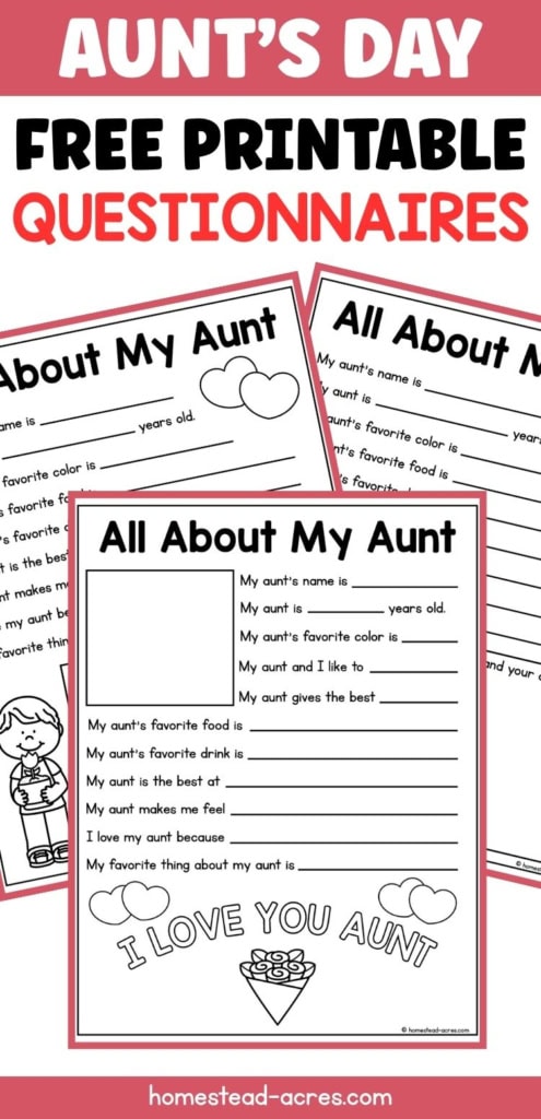 Mothers Day style aunt questionnaire printables with several black and white All About My Aunt worksheets arranged under a red and white title banner. Title text reads "AUNT'S DAY FREE PRINTABLE QUESTIONNAIRES".