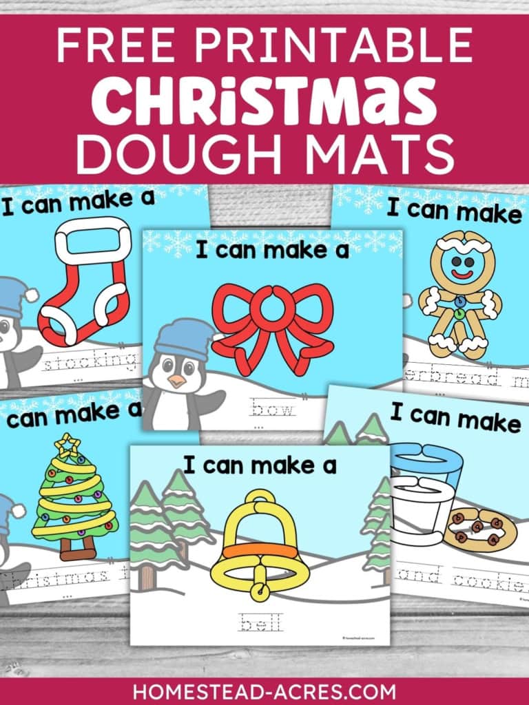 Free printable Christmas play dough mats with tracing prompts for a stocking, bow, gingerbread man, Christmas tree, bell, and milk and cookies. Text reads "FREE PRINTABLE CHRISTMAS DOUGH MATS" and "I can make a".