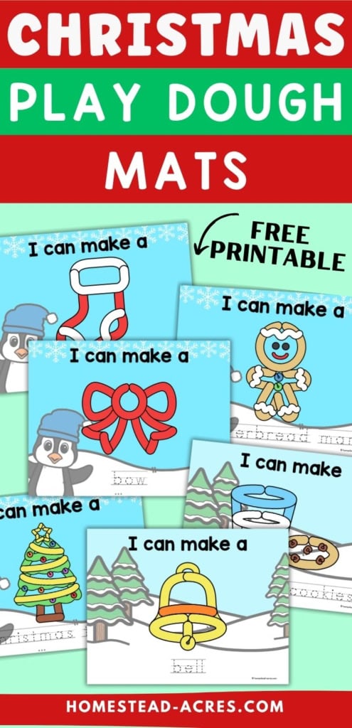 Free printable Christmas play dough mats with prompts for making a stocking, gingerbread man, bow, Christmas tree, bell, and cookies. Text reads "CHRISTMAS PLAY DOUGH MATS", "FREE PRINTABLE", and "I can make a".