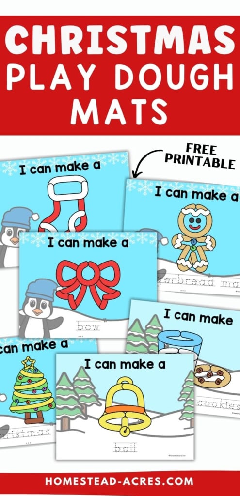 Free printable Christmas play dough mats with prompts for making a stocking, gingerbread man, bow, Christmas tree, bell, and cookies. Text reads "CHRISTMAS PLAY DOUGH MATS", "FREE PRINTABLE", and "I can make a".
