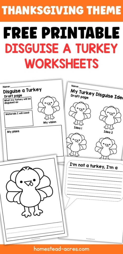 Thanksgiving themed printable turkey disguise worksheets including planning pages, disguise idea sheets, a blank turkey coloring page, and a writing prompt. Text reads "THANKSGIVING THEME FREE PRINTABLE DISGUISE A TURKEY WORKSHEETS" and includes worksheet text such as "Disguise a Turkey Draft page", "My Turkey Disguise Ideas", and "I'm not a turkey. I'm a".