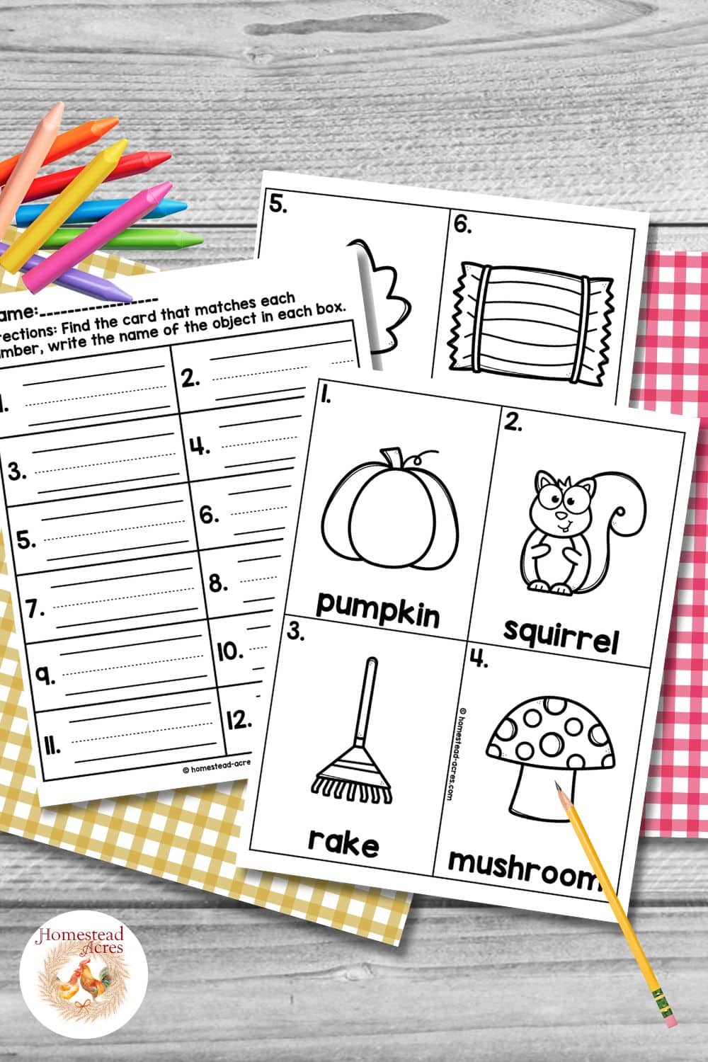 Fall write the room printable with numbered answer lines and vocabulary cards for pumpkin, squirrel, rake, mushroom, leaf, and hay bale, arranged with colorful pencils and gingham paper.
