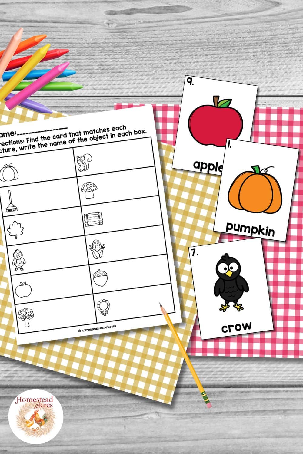 Fall write the room worksheet with picture matching spaces beside three vocabulary cards for apple, pumpkin, and crow, arranged with colorful pencils and gingham paper.
