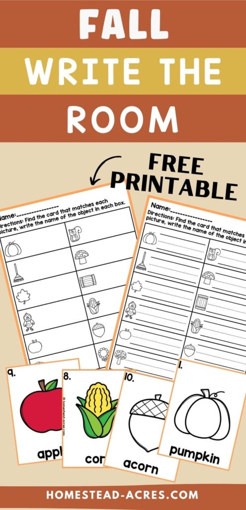 Fall write the room printable with black and white worksheets and picture cards for apple, corn, acorn, and pumpkin. Text reads "FALL WRITE THE ROOM", "FREE PRINTABLE", and worksheet directions read "Find the card that matches each picture, write the name of the object in each box".
