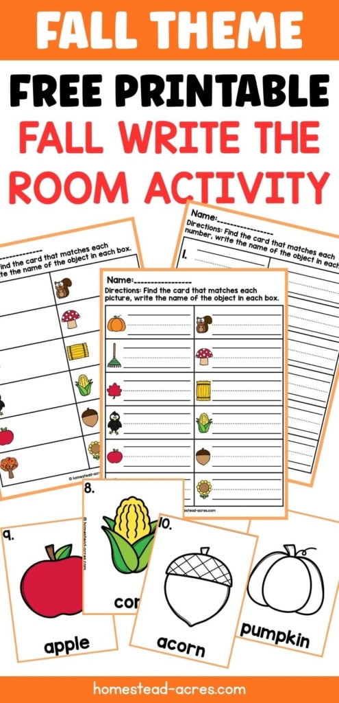 Fall themed printable write the room activity with worksheets and picture cards for apple, corn, acorn, pumpkin, squirrel, mushroom, hay bale, sunflower, and other autumn words. Text reads "FALL THEME FREE PRINTABLE FALL WRITE THE ROOM ACTIVITY" and worksheet directions read "Find the card that matches each picture, write the name of the object in each box".