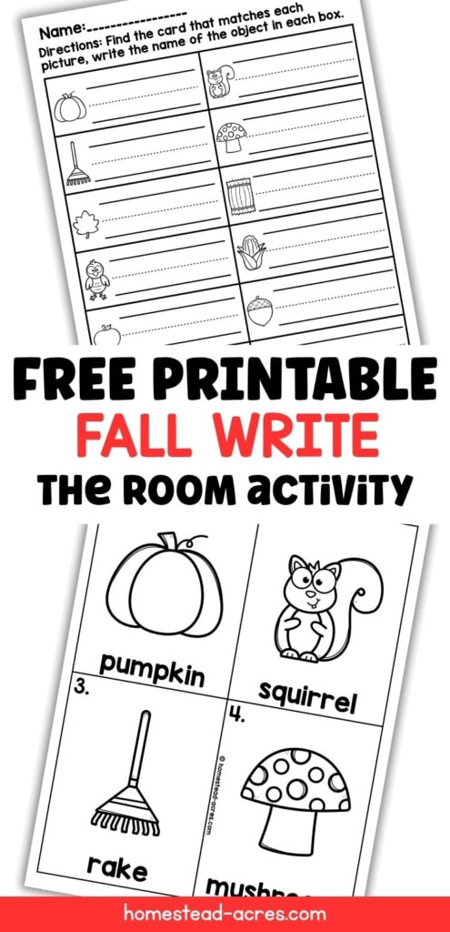 Free printable fall write the room activity with a worksheet and picture cards for pumpkin, squirrel, rake, mushroom, leaf, crow, apple, hay bale, corn, and acorn. Text reads "FREE PRINTABLE FALL WRITE THE ROOM ACTIVITY" and "Directions. Find the card that matches each picture, write the name of the object in each box".