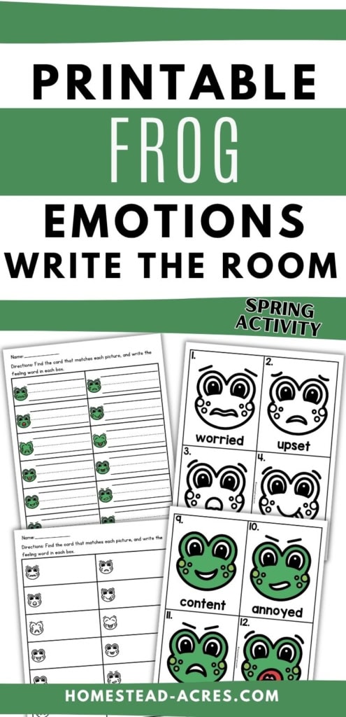 Printable frog emotions write the room spring activity with recording worksheets and color and black and white emotion cards showing different frog expressions. Text reads "PRINTABLE FROG EMOTIONS WRITE THE ROOM". "SPRING ACTIVITY".