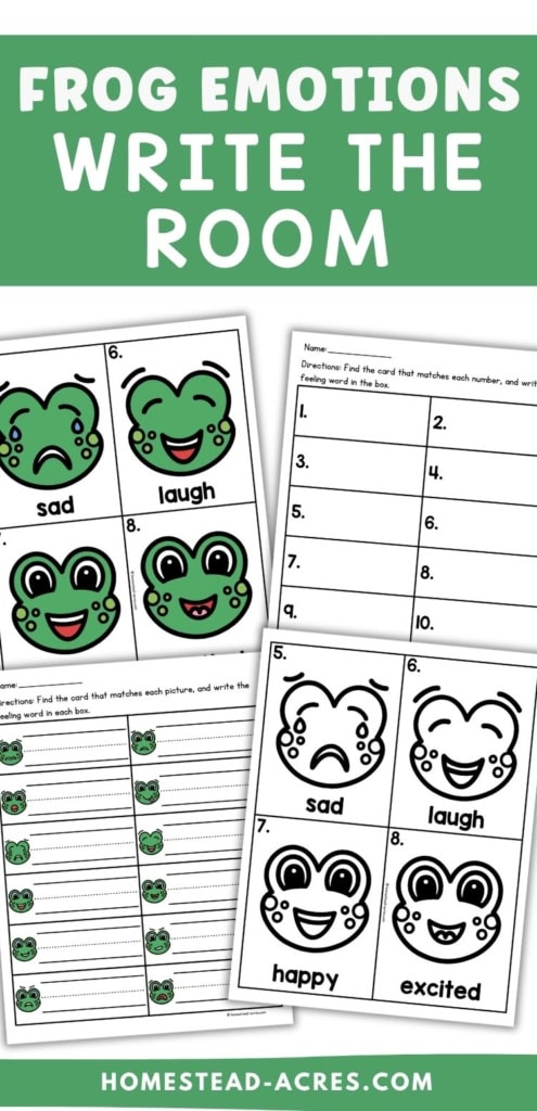 rog emotions write the room activity with color and black and white emotion cards plus recording worksheets for children to match frog expressions with feeling words. Text reads "FROG EMOTIONS WRITE THE ROOM".