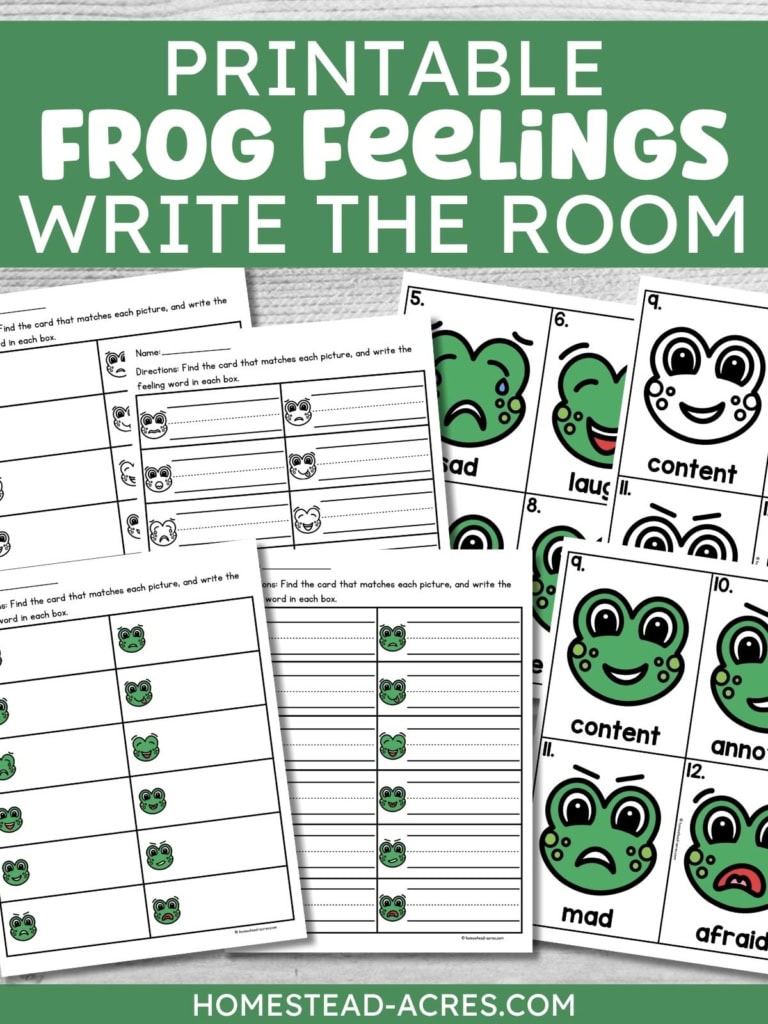 Printable frog feelings write the room activity with recording worksheets and color and black and white emotion cards showing expressive frog faces for children to match with feeling words. Text reads "PRINTABLE FROG FEELINGS WRITE THE ROOM".