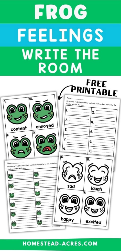 Frog feelings write the room activity with color and black and white emotion cards plus recording worksheets for children to match frog expressions with feeling words. Text reads "FROG FEELINGS WRITE THE ROOM". "FREE PRINTABLE".