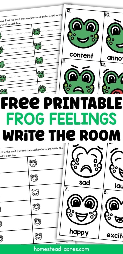 Free printable frog feelings write the room activity with recording worksheets and color and black and white emotion cards showing different frog expressions. Text reads "FREE PRINTABLE FROG FEELINGS WRITE THE ROOM".