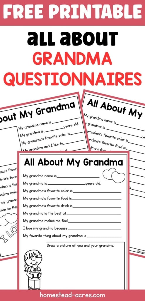 Three black and white All About My Grandma questionnaire printables layered beneath a red and white header. The center worksheet includes fill in prompts, a drawing box, heart decorations, and a small child illustration. Title text reads "FREE PRINTABLE ALL ABOUT GRANDMA QUESTIONNAIRES".