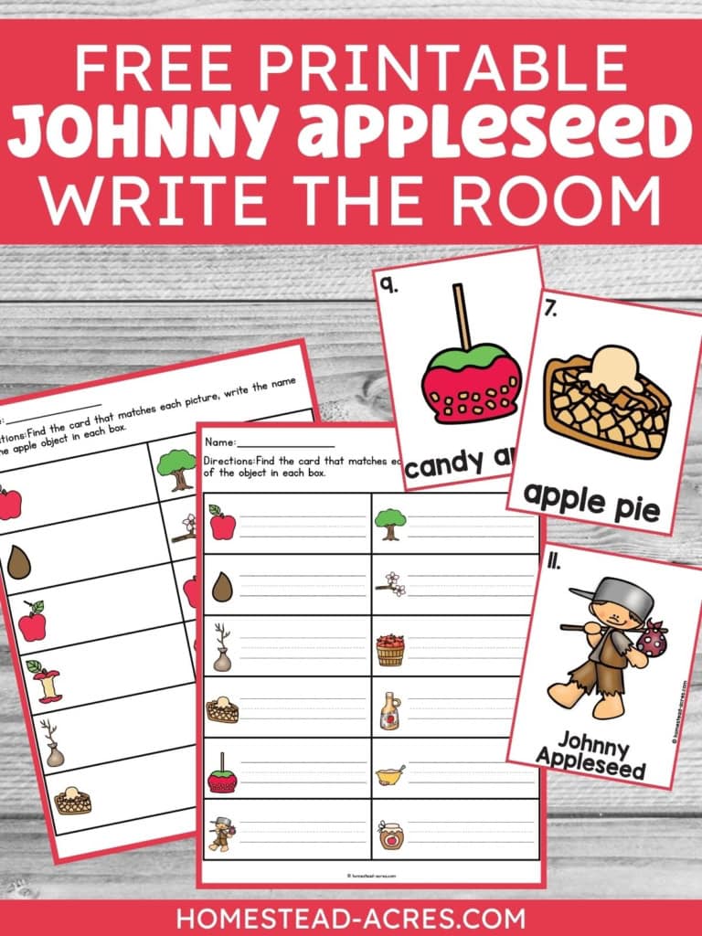 Johnny Appleseed write the room printable with matching worksheets and vocabulary cards for candy apple, apple pie, Johnny Appleseed, apple, apple seed, apple tree, apple blossoms, bushel, apple cider, applesauce, and apple butter. Text reads "FREE PRINTABLE JOHNNY APPLESEED WRITE THE ROOM".