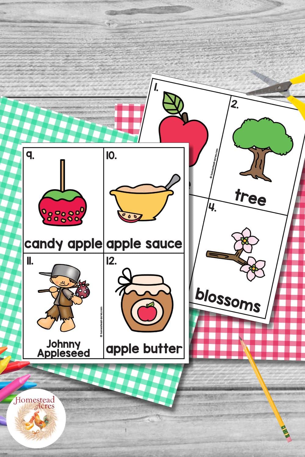 Color Johnny Appleseed word cards before cutting them apart, showing candy apple, applesauce, Johnny Appleseed, apple butter, apple, tree, and blossoms. The cards are arranged with colorful pencils, scissors, and gingham paper.