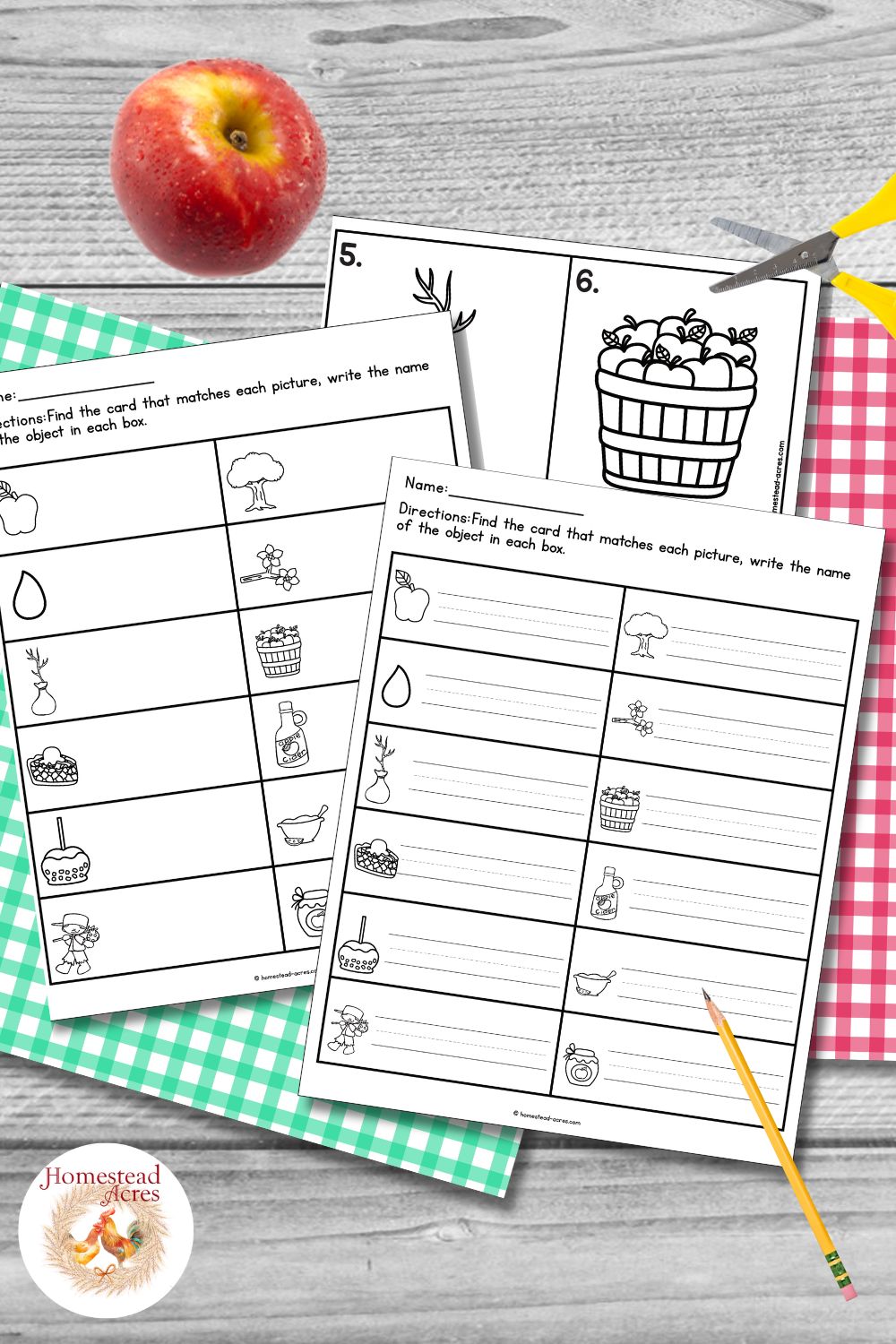 Black and white Johnny Appleseed write the room worksheets with matching picture cards including a sapling and bushel of apples, arranged with a red apple, scissors, pencil, and gingham paper. The printable versions are designed for coloring and writing practice.