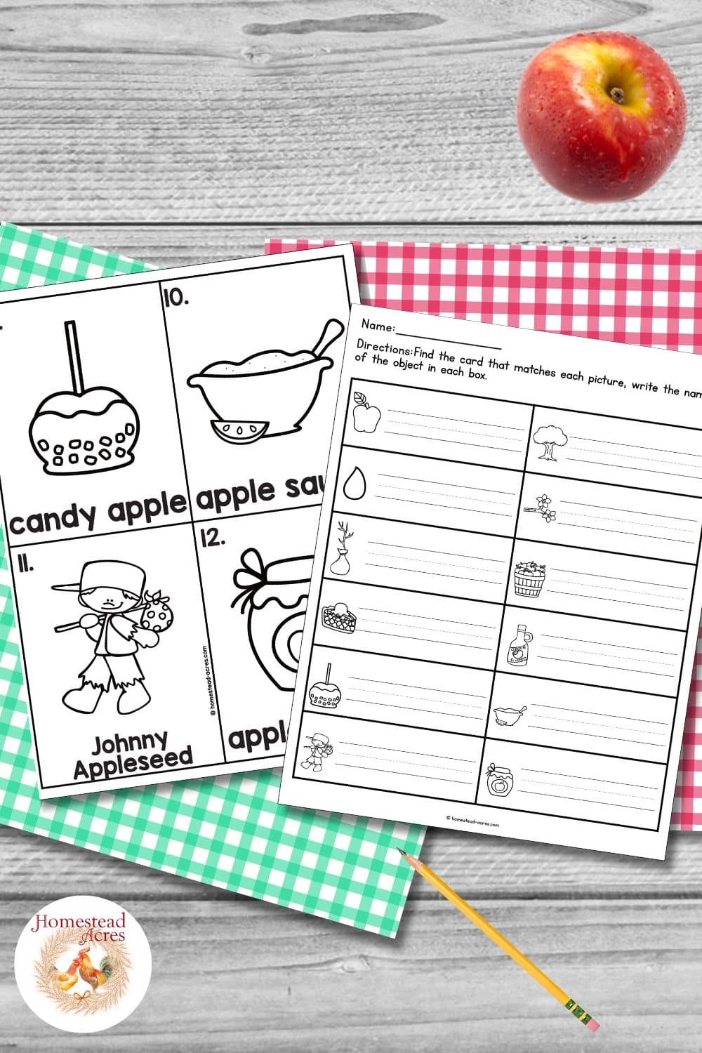 Johnny Appleseed write the room activity with a matching worksheet and vocabulary cards for candy apple, applesauce, Johnny Appleseed, and apple butter, arranged with a red apple, pencil, and gingham paper. Text reads "Directions. Find the card that matches each picture, write the name of the object in each box".