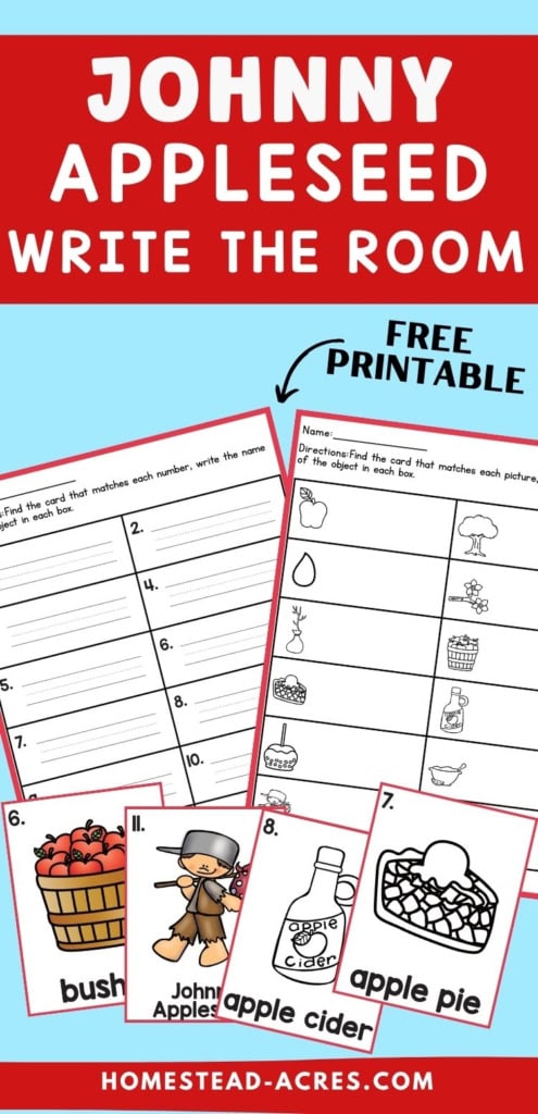 Johnny Appleseed write the room printable with worksheets and vocabulary cards showing a bushel of apples, Johnny Appleseed, apple cider, and apple pie. Text reads "JOHNNY APPLESEED WRITE THE ROOM". "FREE PRINTABLE".
