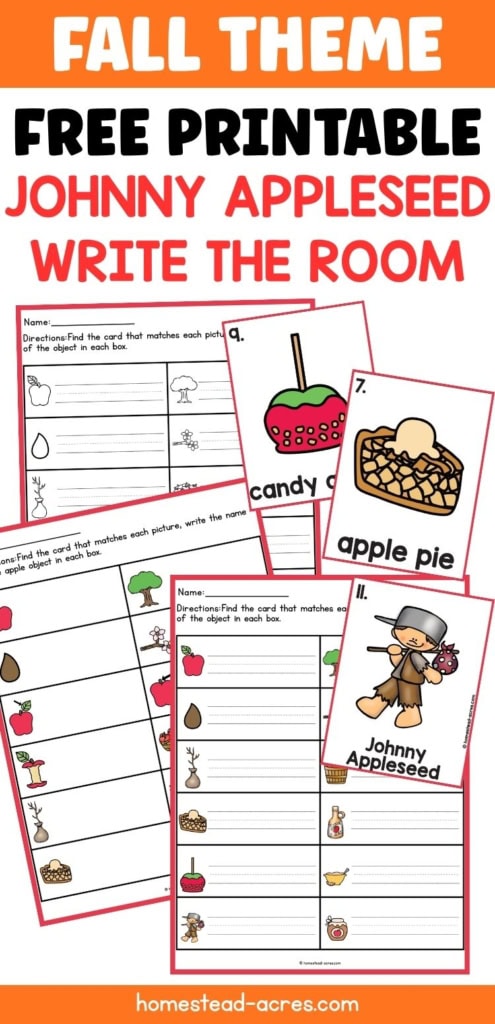 Fall themed Johnny Appleseed write the room printable with matching worksheets and vocabulary cards for candy apple, apple pie, and Johnny Appleseed. Text reads "FALL THEME FREE PRINTABLE JOHNNY APPLESEED WRITE THE ROOM".