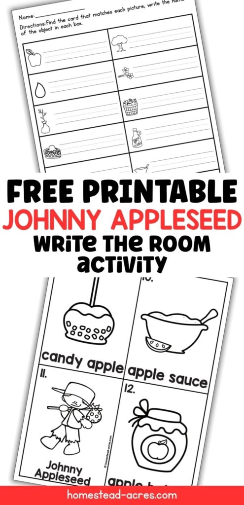 Free printable Johnny Appleseed write the room activity with a matching worksheet and vocabulary cards for candy apple, applesauce, Johnny Appleseed, and apple butter. Text reads "FREE PRINTABLE JOHNNY APPLESEED WRITE THE ROOM ACTIVITY".