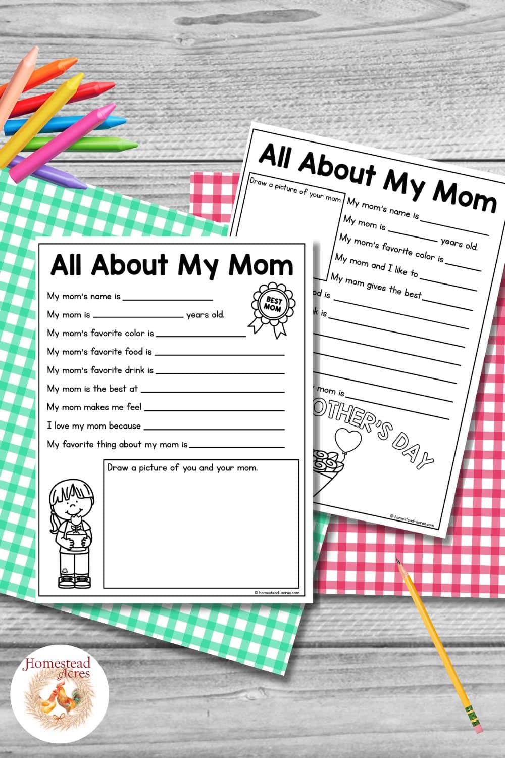 Two black and white Mothers Day questionnaire worksheets displayed on colorful gingham paper with crayons and a pencil on a gray wood background.
