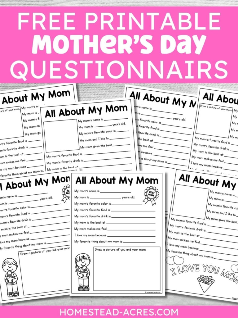 Collection of black and white Mothers Day questionnaire printables arranged on a gray wood background with a bright pink header and footer. Title text reads "FREE PRINTABLE MOTHER'S DAY QUESTIONNAIRES".