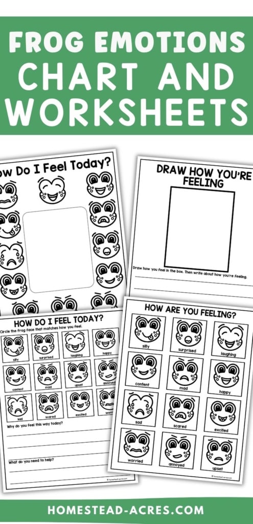 Black and white frog emotions chart and worksheets with expressive frog faces for children to identify and talk about feelings. Text reads "FROG EMOTIONS CHART AND WORKSHEETS".