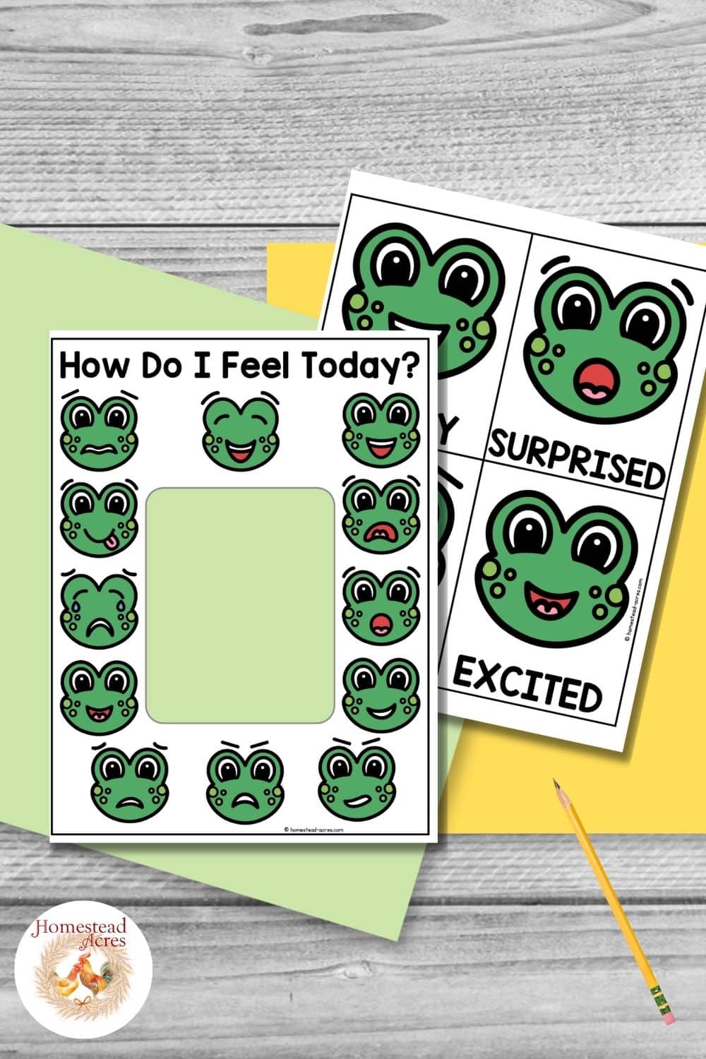 Frog feelings activity with a color worksheet surrounded by expressive green frog faces and matching emotion cards for children to identify how they feel. Text reads "How Do I Feel Today". "HAPPY". "SURPRISED". "EXCITED".